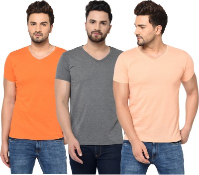 Tivy Solid Men V Neck Orange, Grey, Beige T-Shirt