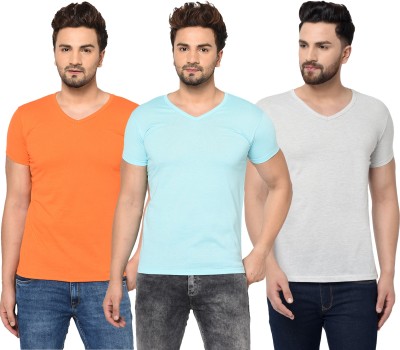 Jangoboy Solid Men V Neck Light Blue, White, Orange T-Shirt