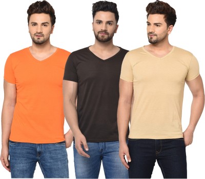 Bribzy Solid Men V Neck Brown, Orange, Beige T-Shirt