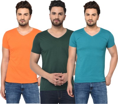 Jaskart Solid Men V Neck Light Blue, Dark Green, Orange T-Shirt