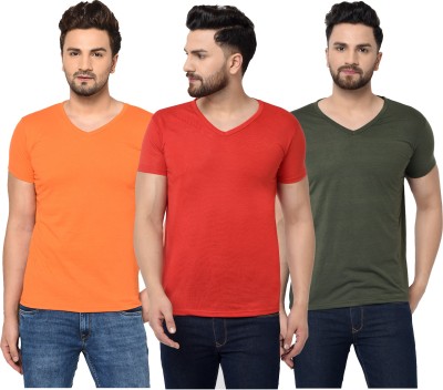 Tivy Solid Men V Neck Dark Green, Red, Orange T-Shirt