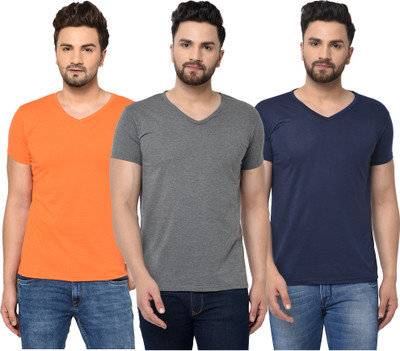 Jangoboy Solid Men V Neck Dark Blue, Orange, Grey T-Shirt