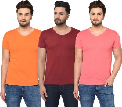 Tivy Solid Men V Neck Maroon, Pink, Orange T-Shirt