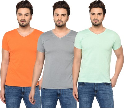 Tivy Solid Men V Neck Orange, Grey, Light Green T-Shirt