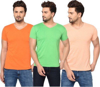 Tivy Solid Men V Neck Orange, Light Green T-Shirt
