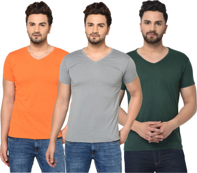 Jangoboy Solid Men V Neck Dark Green, Orange, Grey T-Shirt