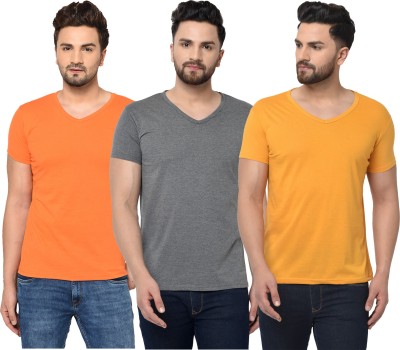 Tivy Solid Men V Neck Orange, Grey, Yellow T-Shirt