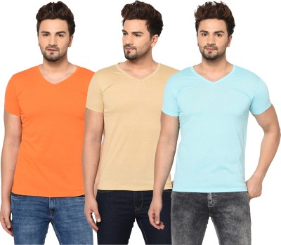 Tivy Solid Men V Neck Light Blue, Orange, Beige T-Shirt
