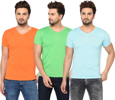 Adorbs Solid Men V Neck Light Blue, Orange, Light Green T-Shirt