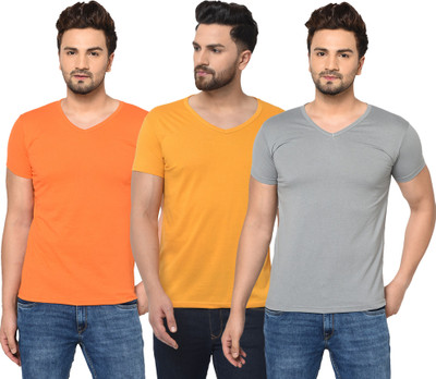 Jangoboy Solid Men V Neck Orange, Grey, Yellow T-Shirt