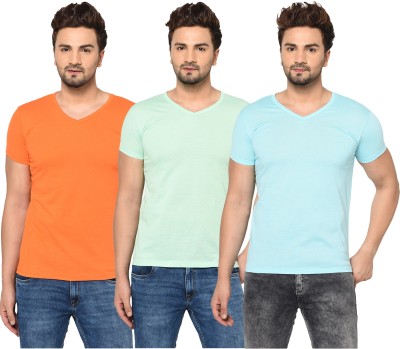 Tivy Solid Men V Neck Light Blue, Orange, Light Green T-Shirt