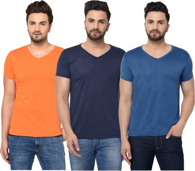 Jangoboy Solid Men V Neck Dark Blue, Orange T-Shirt