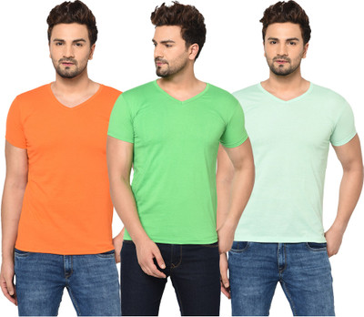 Jangoboy Solid Men V Neck Green, Orange, Light Green T-Shirt