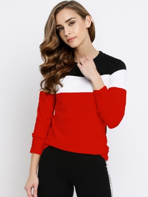 LEWEL Colorblock Women Round Neck Red, White, Black T-Shirt