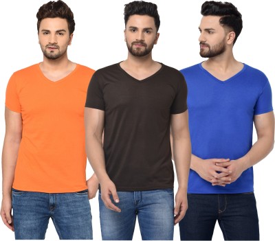 Jaskart Solid Men V Neck Brown, Blue, Orange T-Shirt