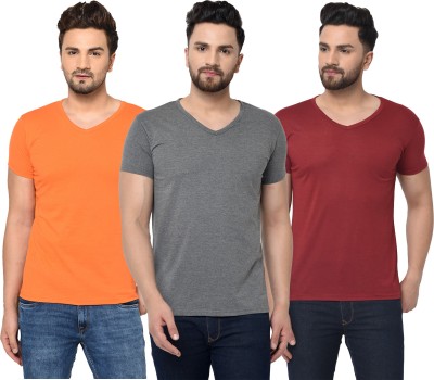 Tivy Solid Men V Neck Maroon, Orange, Grey T-Shirt