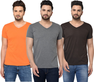 Bribzy Solid Men V Neck Brown, Orange, Grey T-Shirt