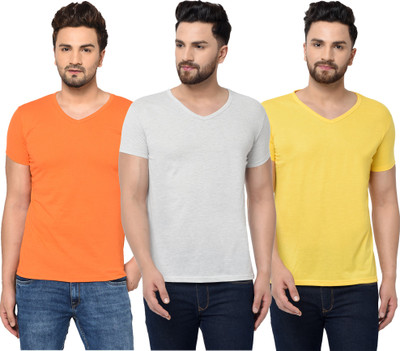 Jaskart Solid Men V Neck Orange, Grey, Yellow T-Shirt