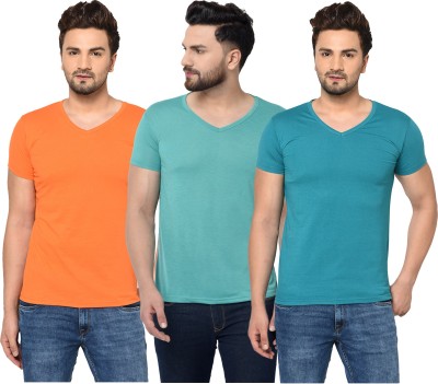 Unite Wear Solid Men V Neck Light Blue, Orange T-Shirt