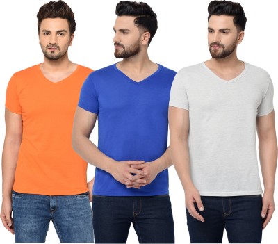 Adorbs Solid Men V Neck Dark Blue, Orange, Grey T-Shirt