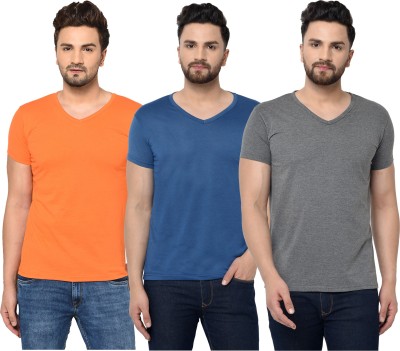 Jangoboy Solid Men V Neck Dark Blue, Orange, Grey T-Shirt