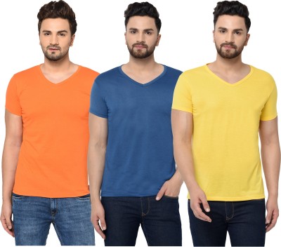 Jaskart Solid Men V Neck Dark Blue, Orange, Yellow T-Shirt