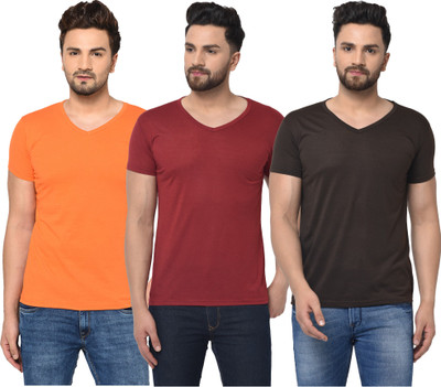 Adorbs Solid Men V Neck Brown, Maroon, Orange T-Shirt