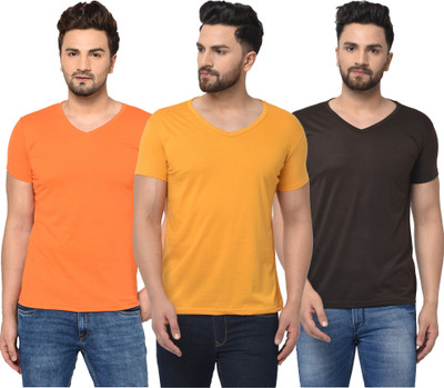 Unite Wear Solid Men V Neck Brown, Orange, Yellow T-Shirt