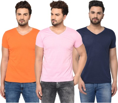 Tivy Solid Men V Neck Dark Blue, Pink, Orange T-Shirt