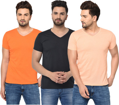 Tivy Solid Men V Neck Black, Orange T-Shirt