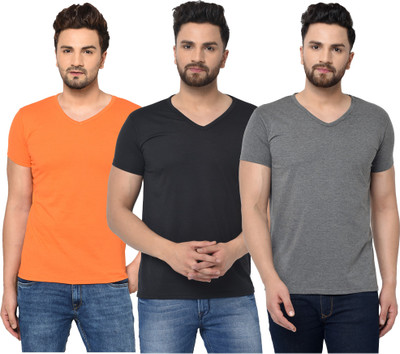 Tivy Solid Men V Neck Black, Orange, Grey T-Shirt