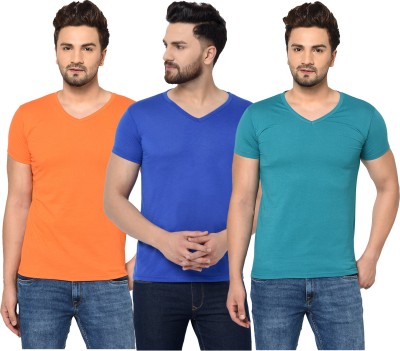 Adorbs Solid Men V Neck Light Blue, Blue, Orange T-Shirt