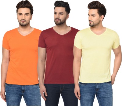 Adorbs Solid Men V Neck Maroon, Orange, Yellow T-Shirt