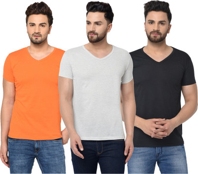 Tivy Solid Men V Neck Black, Orange, Grey T-Shirt