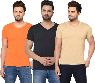 Bribzy Solid Men V Neck Black, Orange, Beige T-Shirt