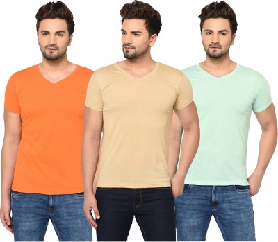 Jaskart Solid Men V Neck Orange, Beige, Light Green T-Shirt