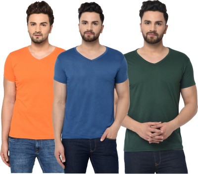 Jaskart Solid Men V Neck Dark Blue, Dark Green, Orange T-Shirt