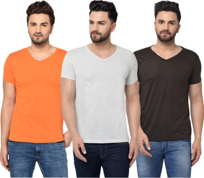 Unite Wear Solid Men V Neck Brown, Orange, Grey T-Shirt