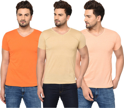 Jangoboy Solid Men V Neck Orange, Beige T-Shirt