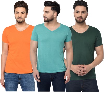 Tivy Solid Men V Neck Light Blue, Dark Green, Orange T-Shirt