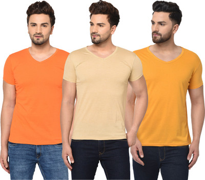 Jangoboy Solid Men V Neck Orange, Yellow T-Shirt