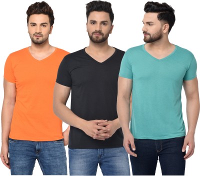 Jangoboy Solid Men V Neck Light Blue, Black, Orange T-Shirt