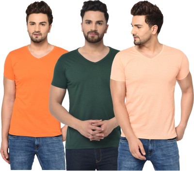 Jangoboy Solid Men V Neck Dark Green, Orange, Beige T-Shirt