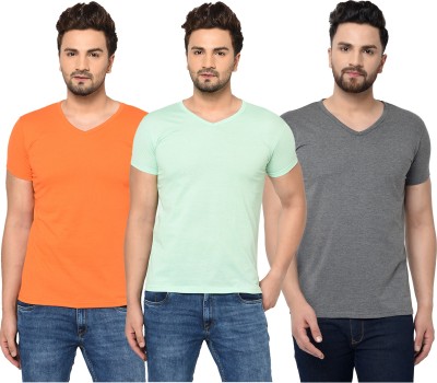 Bribzy Solid Men V Neck Orange, Grey, Light Green T-Shirt