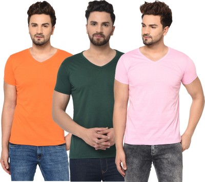 Adorbs Solid Men V Neck Dark Green, Pink, Orange T-Shirt