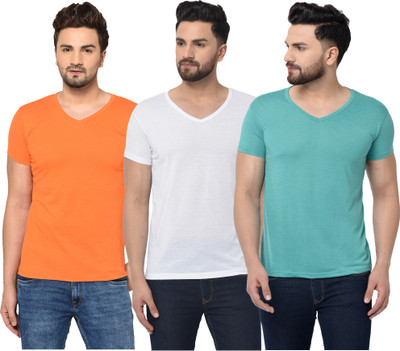 Adorbs Solid Men V Neck Light Blue, White, Orange T-Shirt