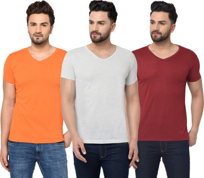 Jaskart Solid Men V Neck White, Maroon, Orange T-Shirt