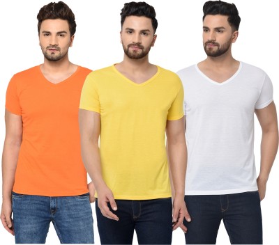 Jaskart Solid Men V Neck White, Orange, Yellow T-Shirt