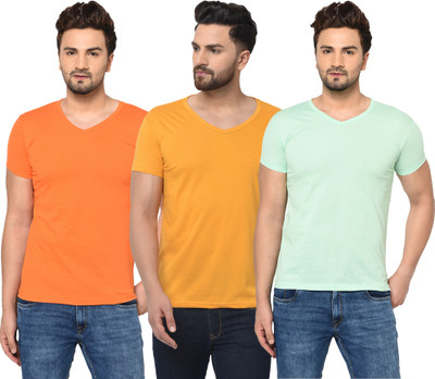 Bribzy Solid Men V Neck Light Blue, Orange, Yellow T-Shirt
