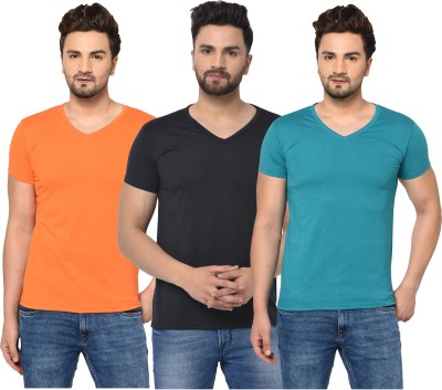 Tivy Solid Men V Neck Light Blue, Black, Orange T-Shirt